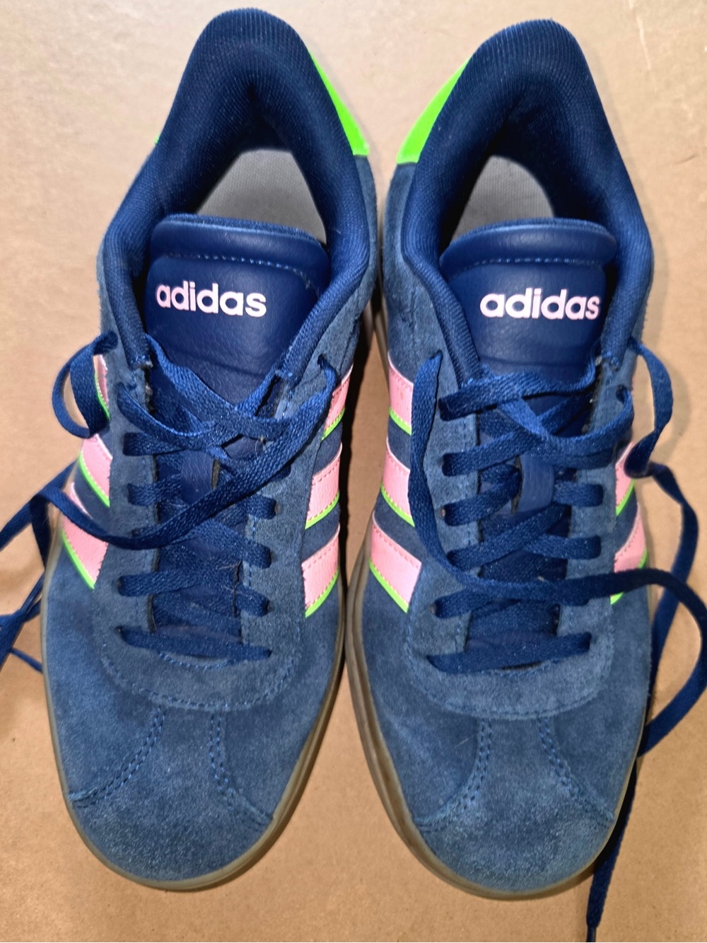 adidas Kids Navy Suede Sneakers with Pink & Neon Green Accents